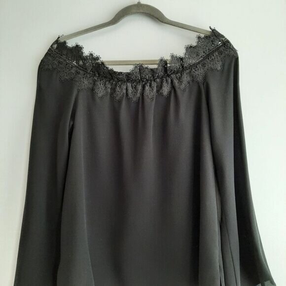 CAMI NYC / Silk Lace Trim Bell Sleeve A-Line Light Lined Blouse Top Black Sz M - Picture 9 of 14